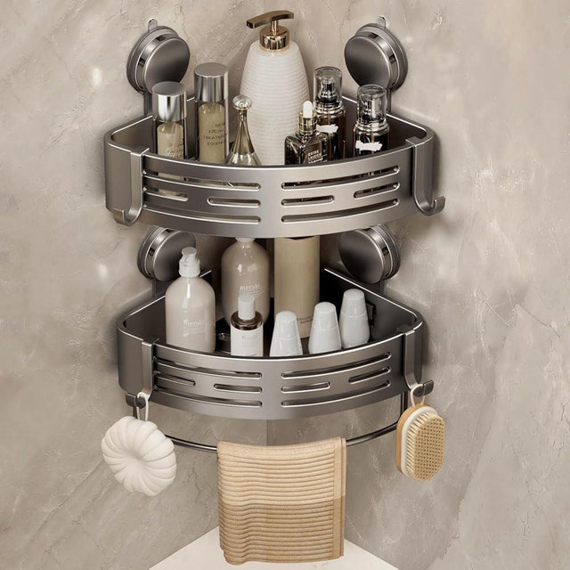 VOLPONE Corner Shower Caddy Suction Cup Shower Shelf Corner No Drilling Bathroom Shower Organizer Storage Rack Adhesive with Towel Bar Hooks (2-Pack, Matte Gray)