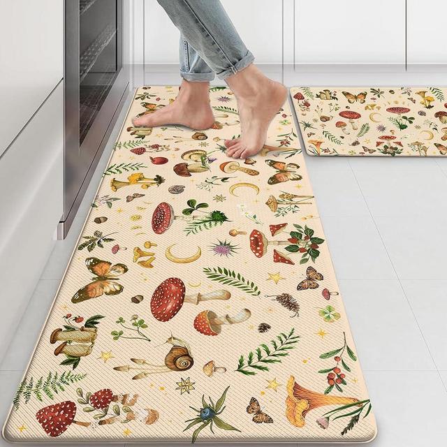 Zussun Mushroom Rug Kitchen Mats for Floor Cushioned Anti Fatigue Kitchen Rugs Sets of 2, Non Slip Waterproof Beige Kitchen Floor Mat, Comfort Memory Foam Standing Mat for Office Laundry Sink Desk