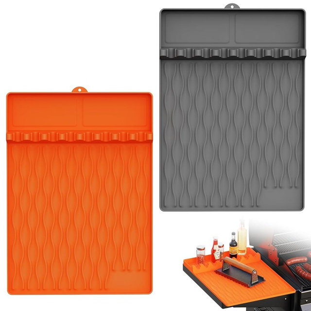 2-Pack Silicone Griddle Mat for Blackstone – Heat-Resistant Utensil Holder with Drip Tray, Non-Slip BBQ Tool Organizer for Grill, Kitchen Countertop & Outdoor Cooking Accessories（Grey&Orange）