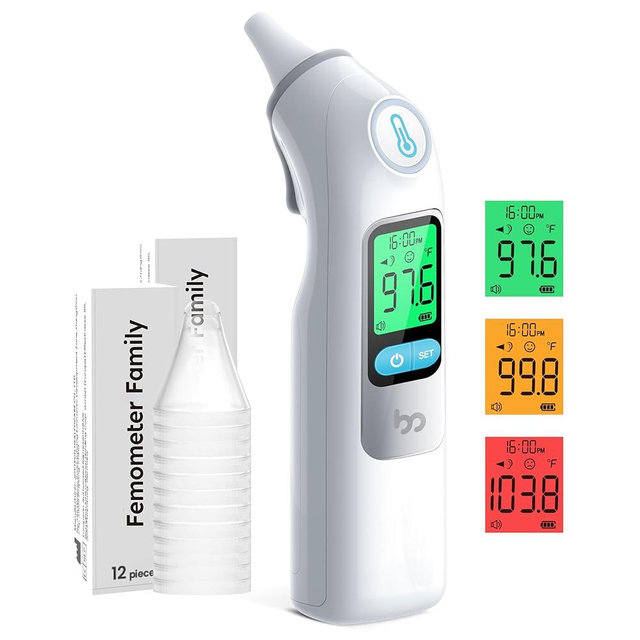 Femometer Family Ear Thermometer, Highly Accurate Ear Thermometer for Kids, Adults and Babies, 30 Memory Recall, 1s Result and 3-Color Fever Alert, with 24 Disposable Probe Covers, Home & Office Use
