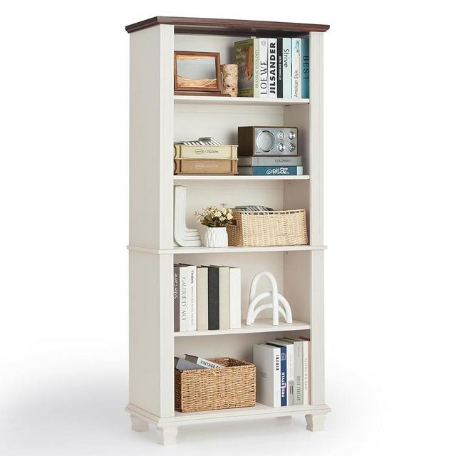 SAVOR LIFE 70" Tall White Bookshelf,5 Tier Wood Book Shelf with Adjustable Shelves & Wood Legs,Free Standing Farmhouse Bookcase with Open Display Storage,Vintage Kids Bookshelves for Nursery,Bedroom