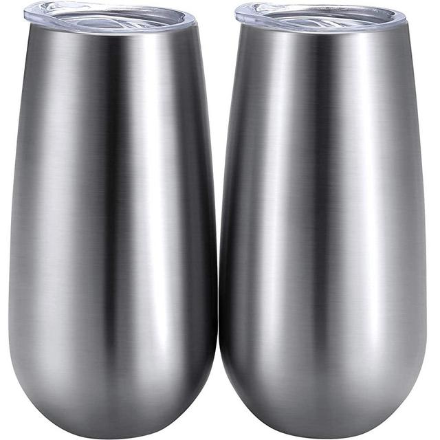 2 Packs Double-insulated Stemless Champagne Flutes Wine Tumbler, Unbreakable Cocktail Cups Reusable Champagne Toasting Glasses with Lids (Silver, 6 OZ)