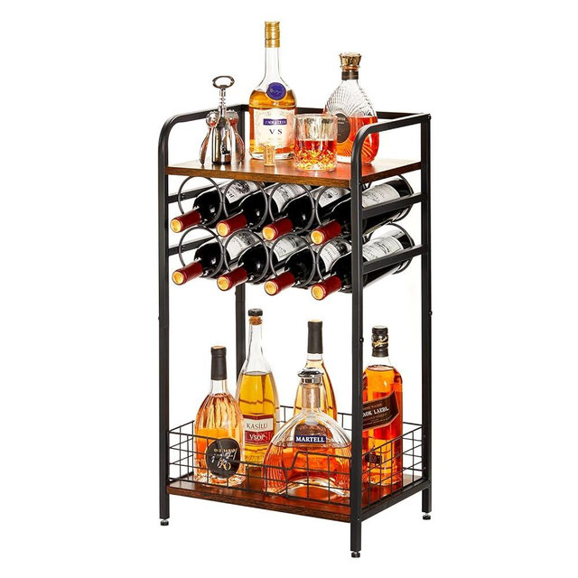 3-Tier Wine Bar Table: Small Liquor Bottle Holder with 8-Bottle Wine Rack Mini Wine Bar Cabinet Corner Whiskey Display Shelf Floor Liquor Storage Bar for Home Living Room