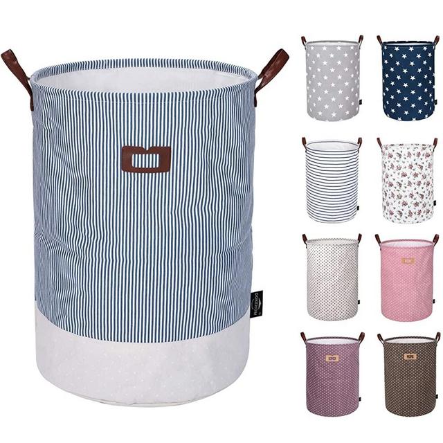 DOKEHOM 19-Inches Thickened Large Laundry Basket -(9 Colors)- with Durable Leather Handle, Drawstring Waterproof Round Cotton Linen Collapsible Storage Basket (Navy Blue, L)