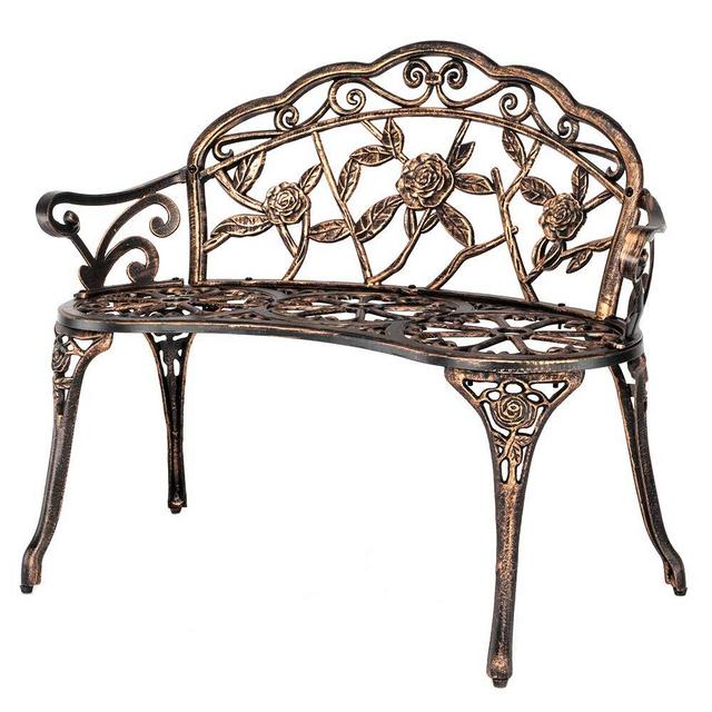 VINGLI 38.5" Patio Park Garden Outdoor Metal Rose Bench,Cast Iron Cast Aluminium Frame Antique Finish Chair,Accented Lawn Front Porch Path Yard Bronze Decor Deck Furniture for 2 Person Seat