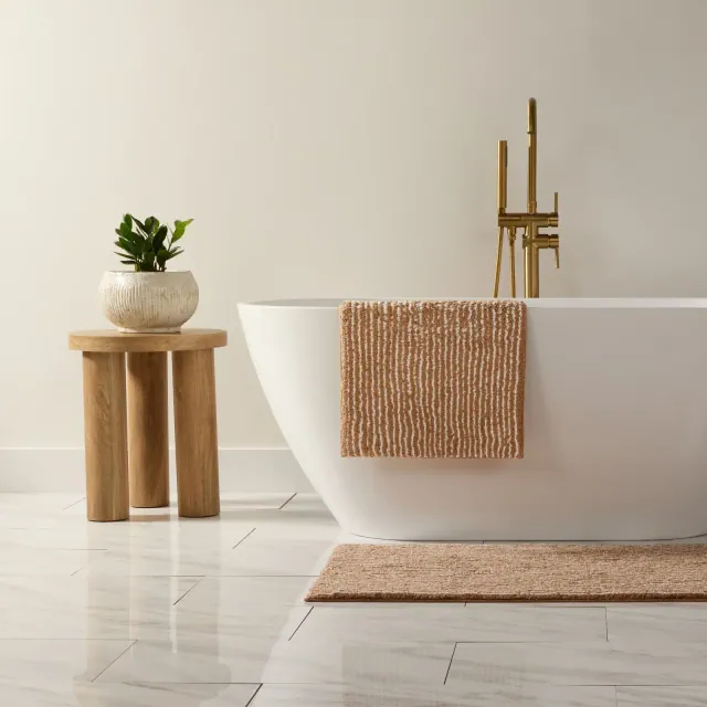 Luxury Cotton Pinstripe Bath Mat, Thick Tufted Bath Rug, Absorbent Non Slip Spa Bathroom Rug, Machine Washable - Becky Cameron, Mocha, 24" x 17"