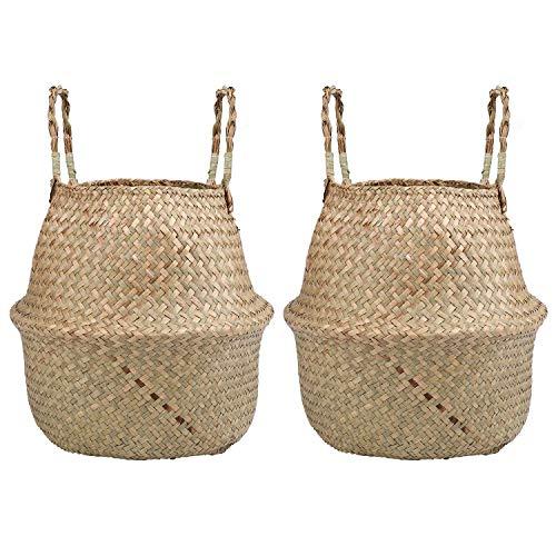 Yesland 2 Pack Woven Seagrass Plant Basket with Handles, Ideal for Storage Plant Pot Basket, Laundry, Picnic, Plant Pot Cover, Beach Bag and Grocery Basket (L)