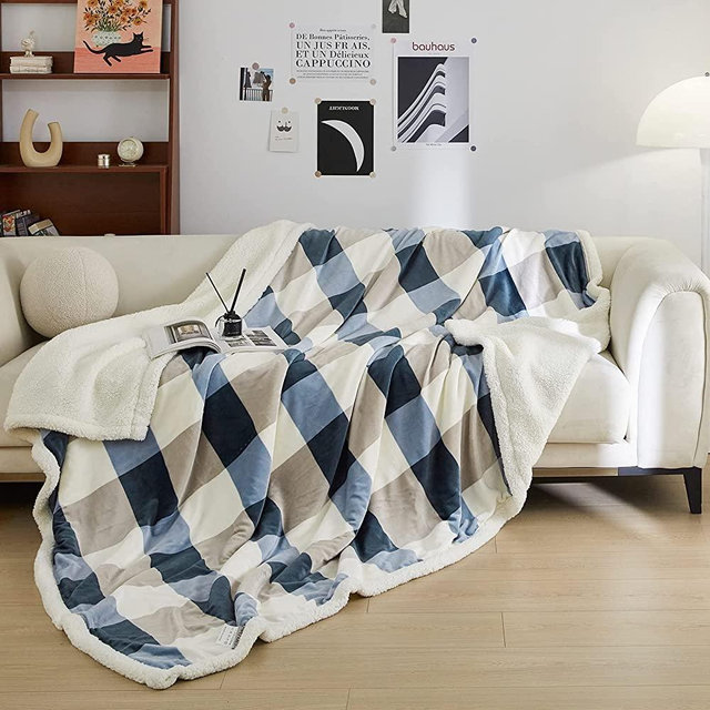 PU MEI Sherpa Fleece Blanket Reversible Plush Fluffy Lattice Flannel Blankets for Sofa Couch Bed (Grey-Soft Blue, 80"*90")
