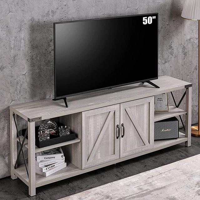 Amerlife 68 Inch TV Stand Wood Metal TV Console Industrial Entertainment Center Farmhouse with Storage Cabinets and Shelves for TVs Up to 78", Stone White