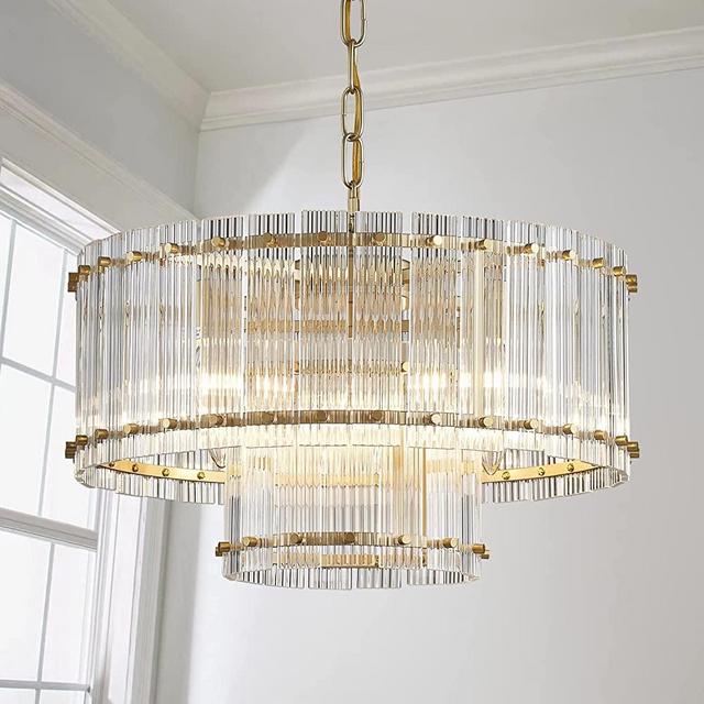 Saint Mossi Moder Glass Chandelier Light Fixture, Doule Layer Drum Pendant Chandelier Lighting, 5-Light, Width 18 inch, Brass Finish