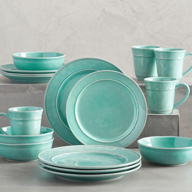 Cambria Stoneware 16-Piece Dinnerware Set, 10 3/4" Dinner Plate with Soup Bowl - Turquoise