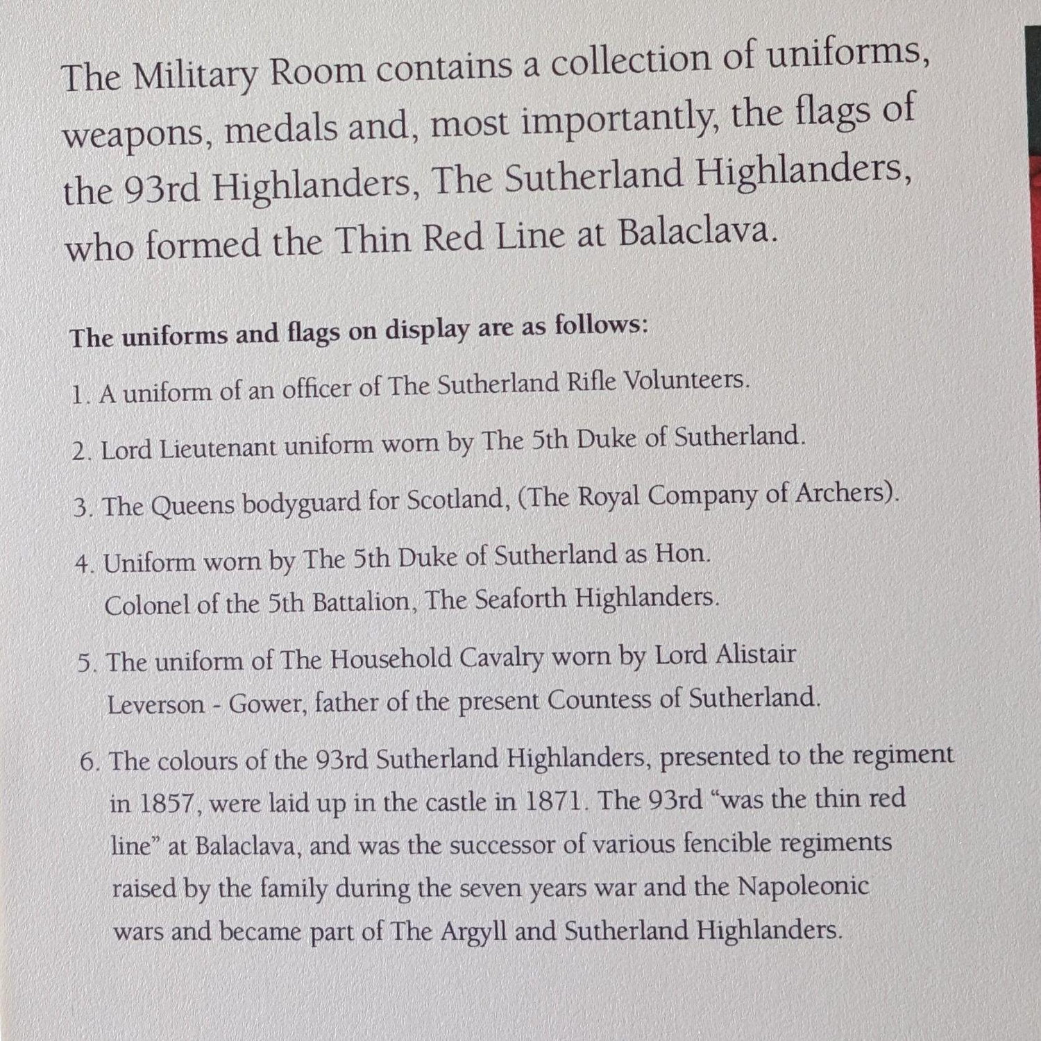 The details about every uniform in the Military Room. All numbers on the uniforms correspond to the numbers on this plaque.