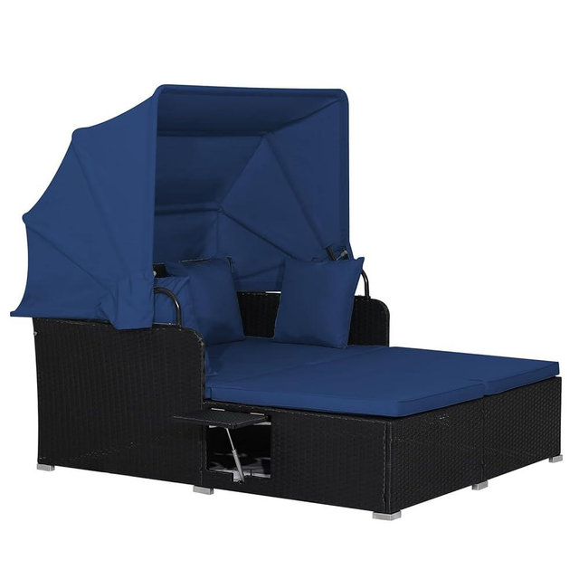 RELAX4LIFE Patio Outdoor Daybed with Canopy, Wicker Sunbed w/Cushions, 4 Pillows & 2 Retractable Side Trays, 2-Person Lounge Bed Conversation for Poolside Porch Garden, Rattan Outdoor Bed (Navy)