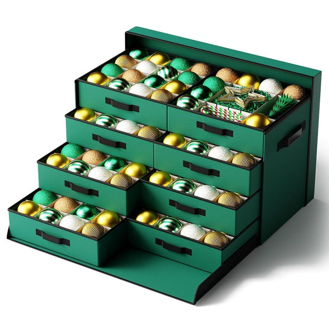 Christmas Ornament Storage Box Store 128 Ornaments, Extra Large Xmas Ornament Organizer Storage box with Lid & Adjustable Dividers, Holiday Decorations Storage Container with 8 Stackable Trays, Green