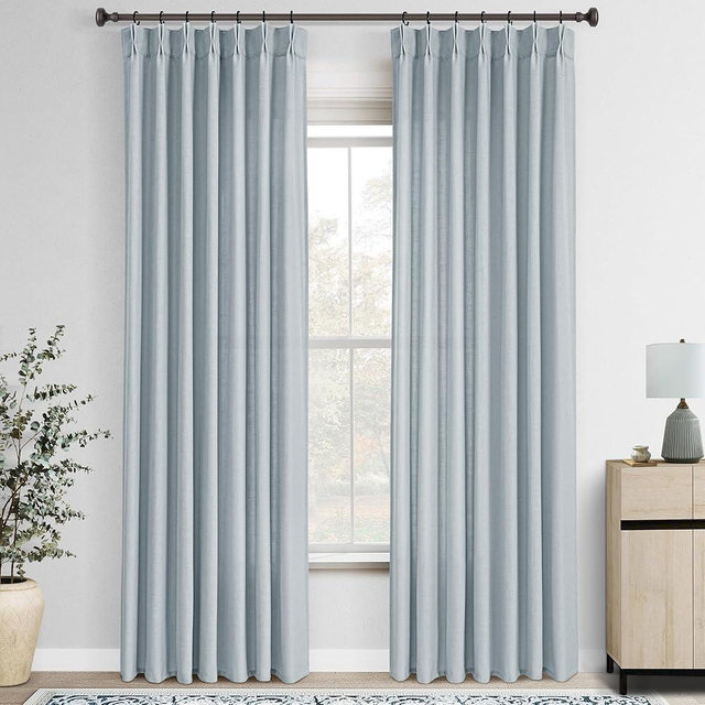 Light Blue Pinch Pleated Linen Curtains 102 inches Long with Clips and Hooks for Boys Bedroom Elegant Neutral Farmhouse Dusty Blue Semi Sheer Pleat Drapes Living Room 40"x102" 2 Panels Grey Blue