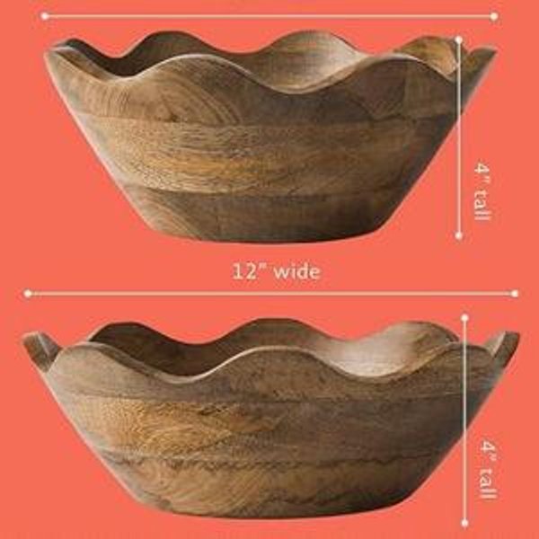 Mela Artisans 12” & 10” Scalloped Mango Wood Bowls Set of 2 – Wooden Salad Bowl Set, Wooden Fruit Basket for Kitchen & Table Display