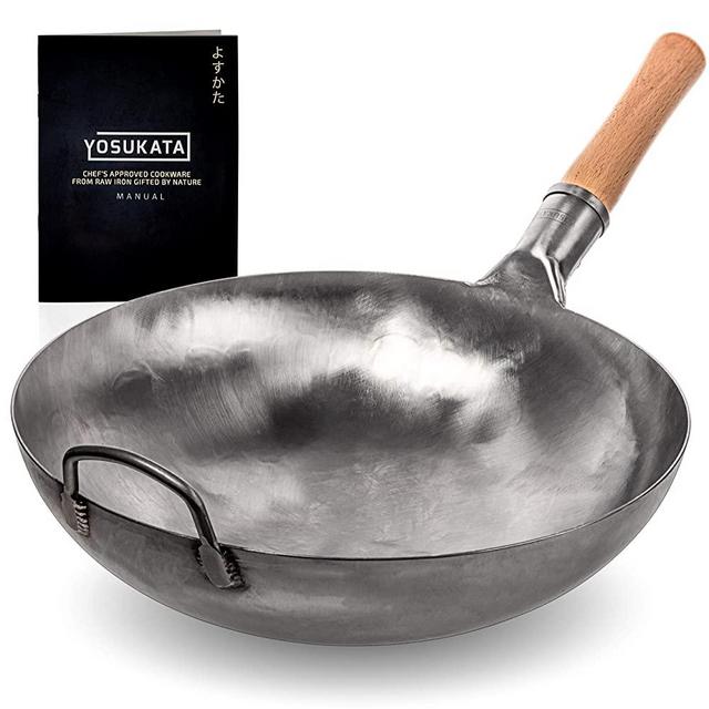 Carbon Steel Wok Pan – 14" Woks and Stir Fry Pans - Chinese Hammered Wok Round Bottom Pow Wok - Traditional Chinese Japanese Woks - Carbon Steel Cooking Wok (14", Silver)