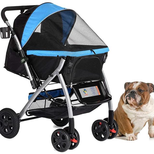 HPZ PET Rover Premium Heavy Duty Dog/Cat/Pet Stroller Travel Carriage with Convertible Compartment/Zipperless Entry/Reversible Handlebar/Pump-Free Rubber Tires for Small, Medium and Large Pets (Blue)