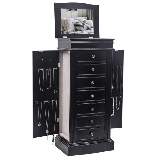 Karl home Large standing Jewelry Armoire Cabinet with 7 Drawers & 2 Swing Doors 24 Hooks, Large Wood Jewelry Cabinet Organizers with Top Flip Mirror, Blck
