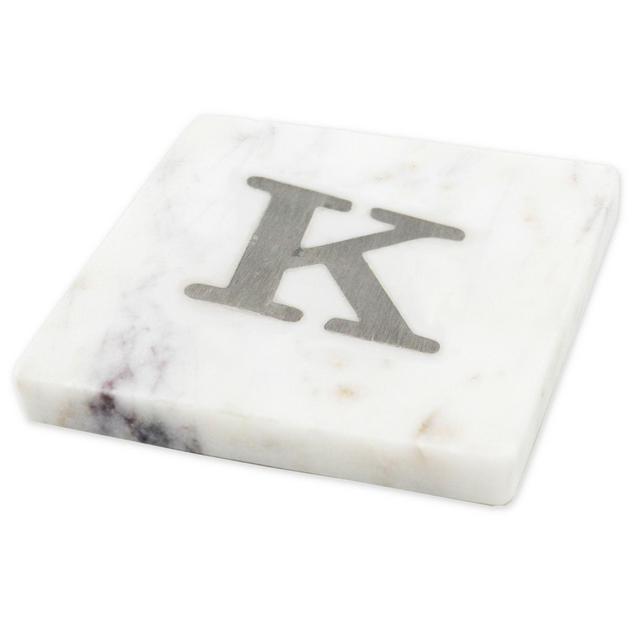 Jodhpuri White Marble Coaster with Steel Monogram "K" (Set of 4)