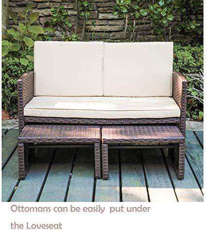 OC Orange-Casual 3 Piece Patio Furniture Set Wicker Loveseat with 2 Ottomans, Bistro Set for Porch, Garden, Poolside (Brown)