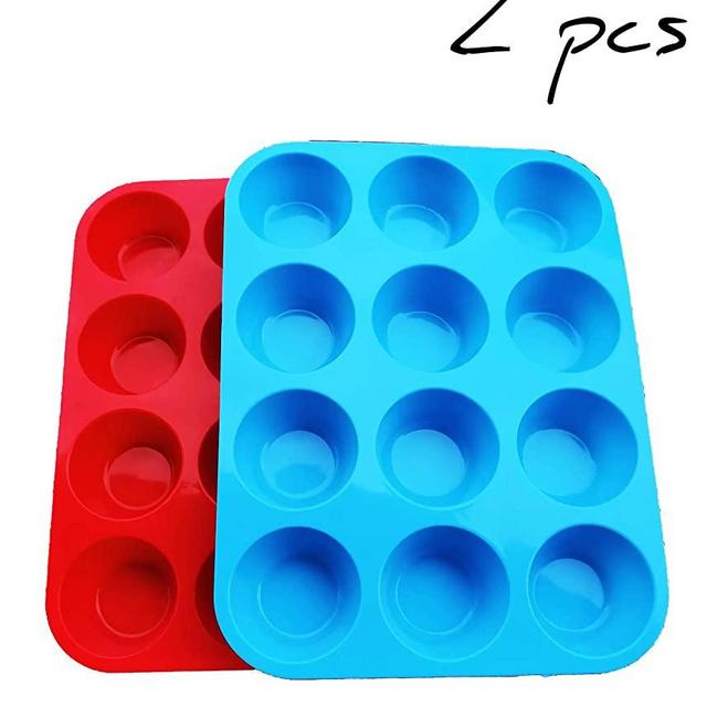 Non-Sticky Silicone Muffin Pan—Muffin Molder for Muffins and Cupcakes—Cupcake silicone molder—Baking Accessory—12 X Muffin Molders (12-Red+Blue)