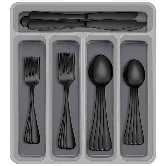 60-Piece Black Silverware Set with Organizer, AIVIKI Stainless Steel Flatware Set for 12, Cutlery Utensil Sets for Home Restaurant, Include Knife Fork Spoon Set, Mirror Finish, Dishwasher Safe