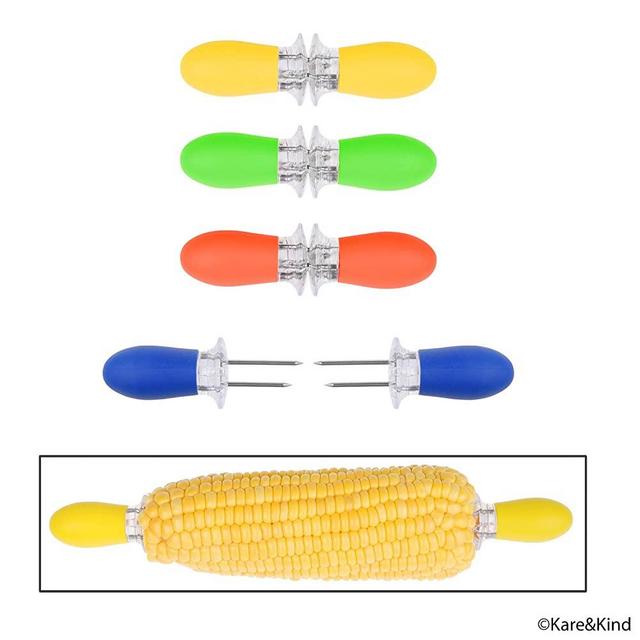 Corn Holders - Set of 4 Pairs (Orange/Yellow/Blue/Green) - Corn on the Cob Skewers - Interlocking Design for Safety and Convenient Storage - Perfect for Home Cooking and BBQ - Large Handle Pin Grips