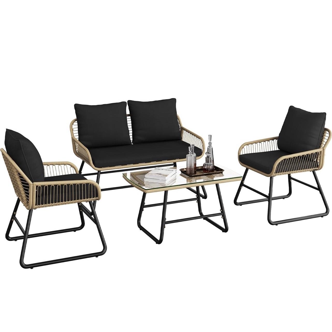 Yaheetech 4 Piece Patio Furniture Set, Outdoor Wicker Conversation Sets, Boho Loveseat & 2 Armchairs with Cushion and Pillow, Glass Top Table for Backyard, Porch, Balcony, Deck - Tan/Black