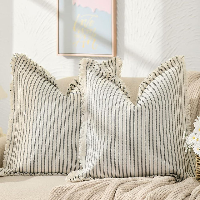 ZWJD Throw Pillow Covers 16x16 Set of 2 Striped Pillow Covers with Fringe Chic Cotton Decorative Pillows Square Cushion Covers for Sofa Couch Bed Living Room Farmhouse Decor