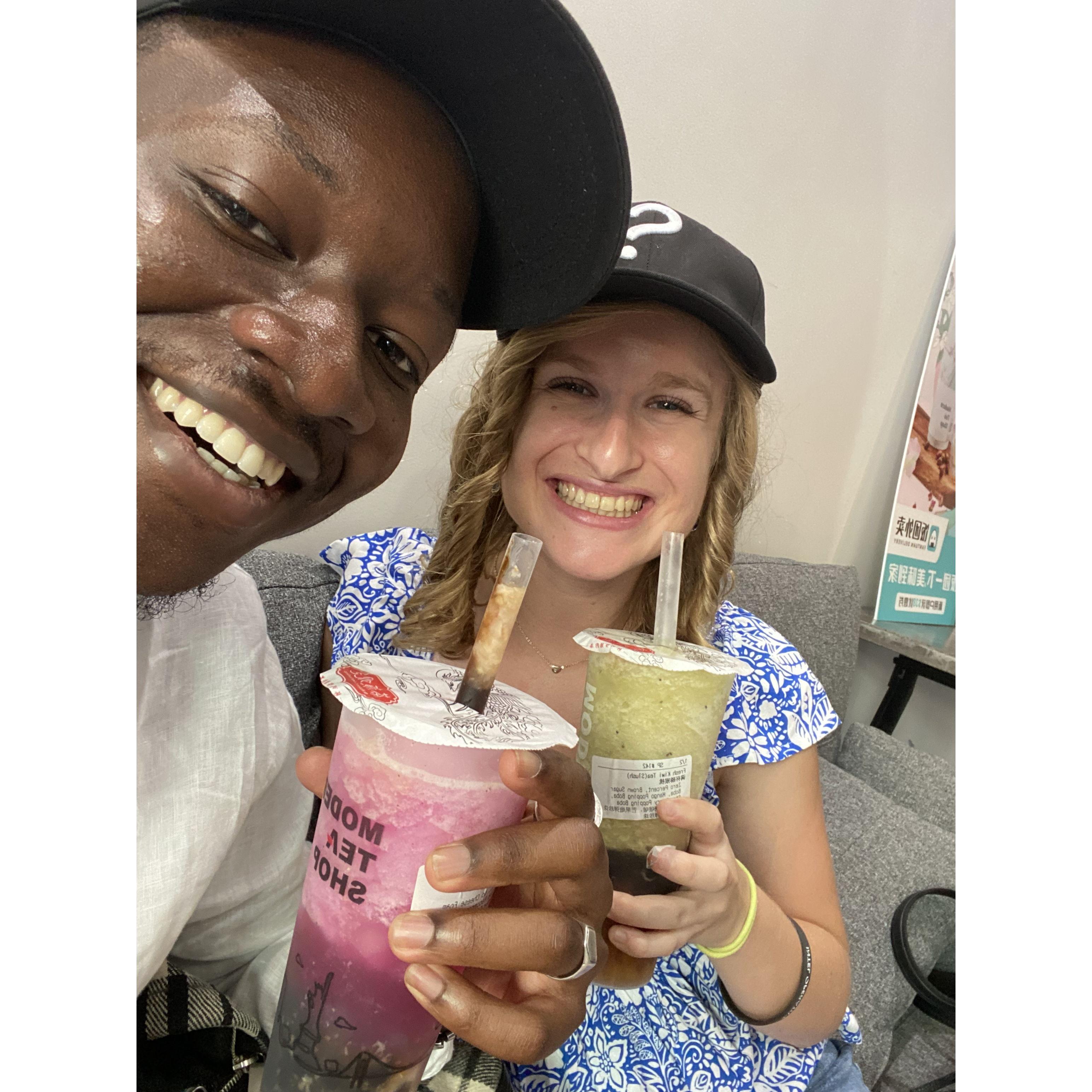 Drinking bubble tea in NYC after visiting the Spyscape museum!