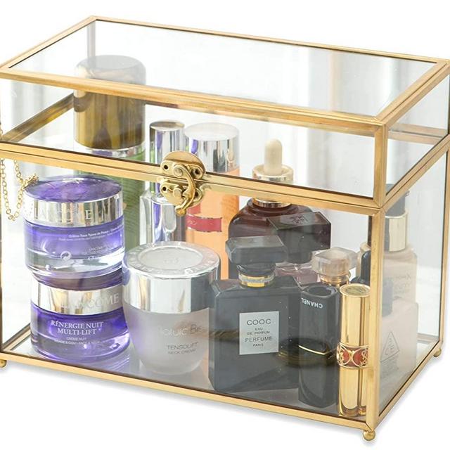 Large 10“ Geometric Terrarium Gold Brass Glass Card Box Vintage Rectangle Shape with Foot, Perfect for Centerpiece Decor Wedding Receptions Planter Holder Gift & Display Box Keepsake Centerpiece