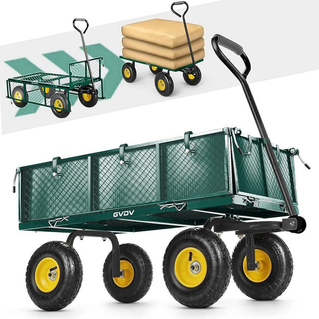 GVDV 660LB Garden Cart with Liner, Heavy Duty Steel Garden Wagon, Folding Utility Wagon with Removable Sides and 10" All-Terrain Wheels