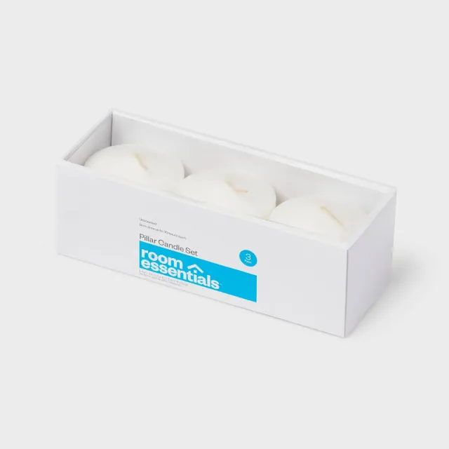 3" x 3" 3pk Unscented Pillar Candle Set White - Room Essentials™: Paraffin Wax, 30hr Burn Time