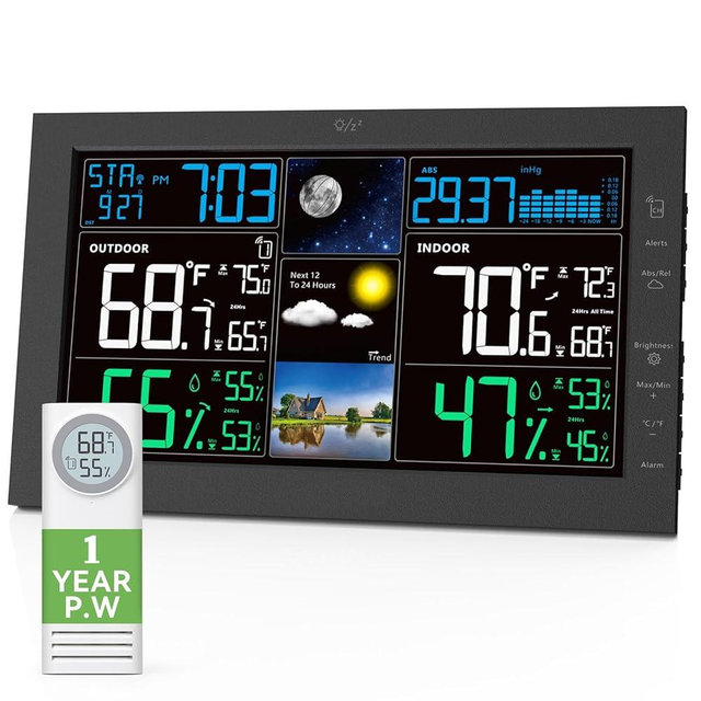 Viveneat Weather Stations Wireless Indoor Outdoor, Indoor Outdoor Thermometer Wireless with Digital Atomic Clock, Large Display, Barometric Pressure, Forecast, Adjustable Backlight, Contemporary