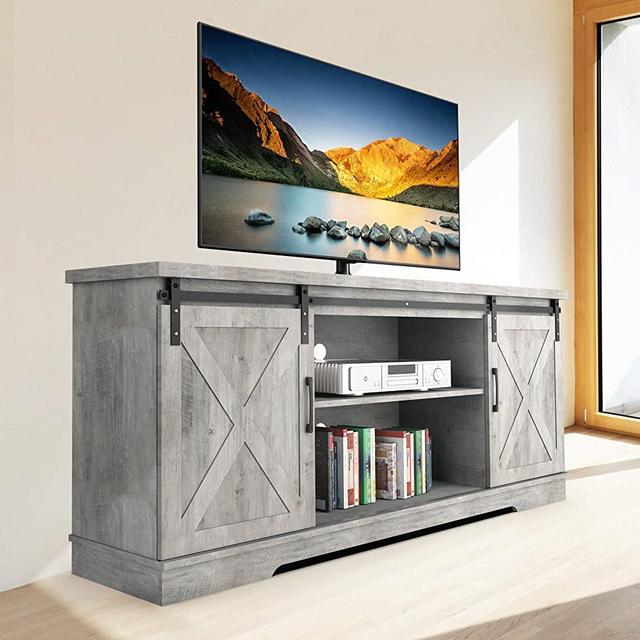 Modern Farmhouse Sliding Barn Door TV Stand, Idealhouse TV Stand for 65" Television, 59" Entertainment Center TV Console, Home Living Room Storage Table with Movable Shelf (Stone Grey)
