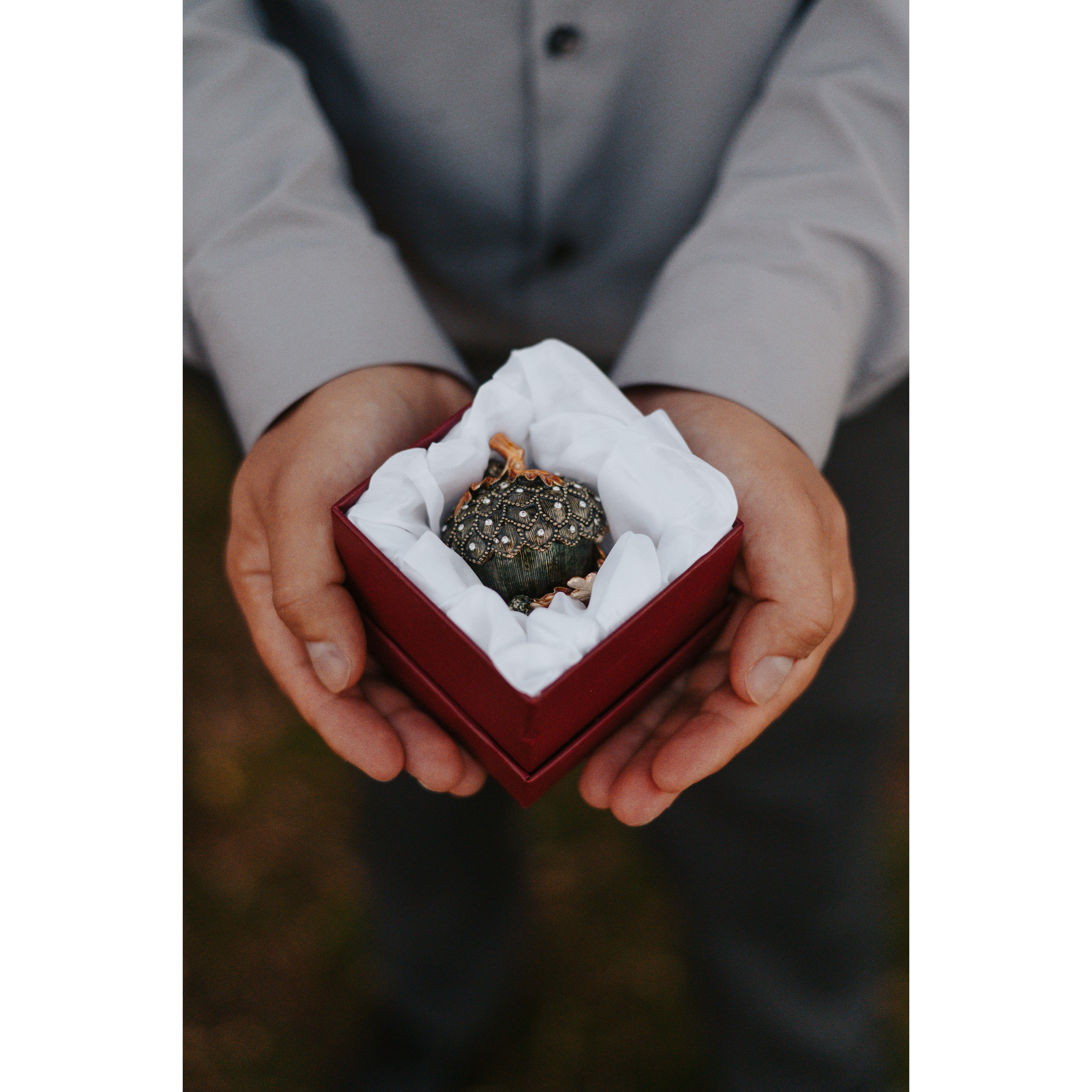 Vic's Engagement Gift for Emily, an acorn jewelry box for her ring. Photo Credit: Lindsey Angus of HeartSpeaksVisuals, our Engagement and Wedding Photographer.