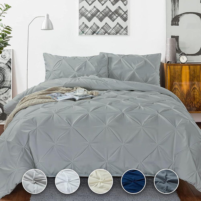 Luxuriate Hotel 1000-TC Hypoallergenic Ultra Soft 100% Egyptian Cotton 90x90" inch Full/Full XL/ Queen Size Silver Solid Pinch Plated Duvet Cover With Zipper Colser & 2pcs Pillow Case Set