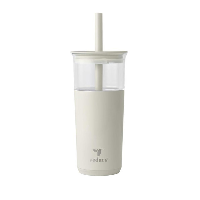 REDUCE Aspen 20 oz Vacuum Insulated Glass Tumbler with Lid & Extra Wide Straw - Keeps Drinks Cold for 12 Hrs - Ideal for Iced Coffee, Smoothies & Boba - Dishwasher Safe, Soft Base - Unbleached