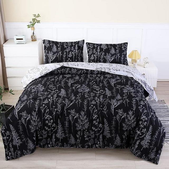 URBONUR Bedding Comforter Set King Size, Botanical Floral Comforter Set with Sheets Set Black and White Comforters 5 Piece Bed in A Bag Comforter with Sheets Set