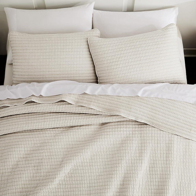 WDCOZY Beige Pick Stitch Queen Size Quilt Set, Striped Lightweight Soft Summer Spring Bedspread, Bamboo Linen Like Textured Coverlet, Chambray Farmhouse Country Rustic Bedding, Netural Thin Comforter