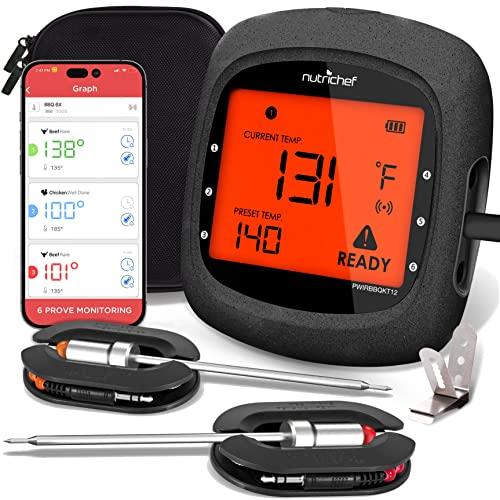 NutriChef Smart Bluetooth BBQ Thermometer with Travel Zip Case, Upgraded Stainless Probe w/ 2 Temperature Probes, LCD Display, Done Alarm Android iPhone, Gas Charcoal BBQ Smoker Temp Monitoring