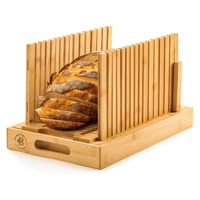 Bread Slicer for Homemade Bread - Adjustable Width Bread Cutter for Cakes, Bagels - Bamboo Bread Cutting Guide and Crumb Tray -
