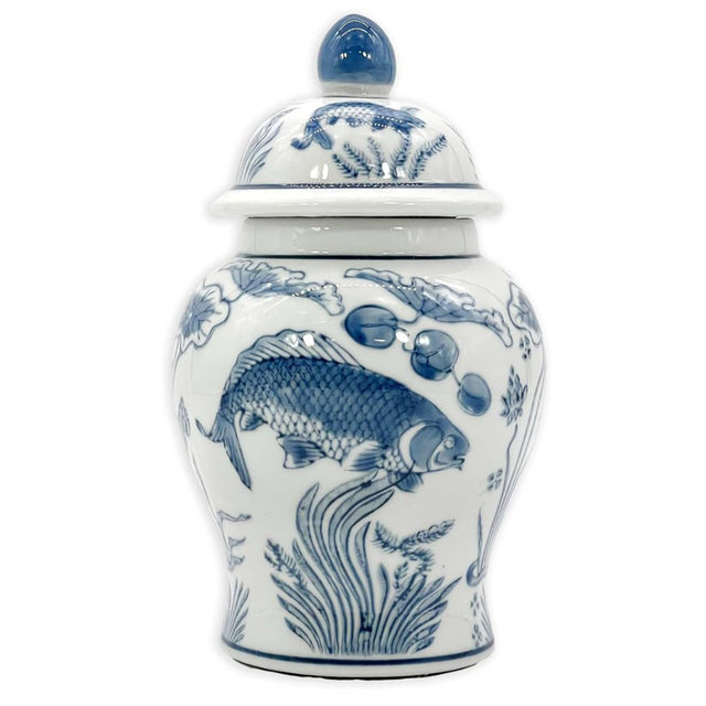8" Ceramic Ginger Jar w/Lid - Classic Chinese Style Porcelain Jar Tea Storage for Home Decor Decorative Centerpiece Vintage Accent Antique Vase Jingdezhen (Slate Blue & White Koi)