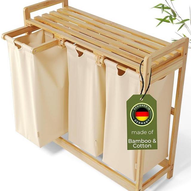 AMBIAVO Laundry Hamper 3 Section beige - Large Bamboo Laundry Sorter with Removable Cotton Bags -Three Compartment Organizer for Clothes - Durable, Eco-Friendly, and Stylish Storage Solution for Home