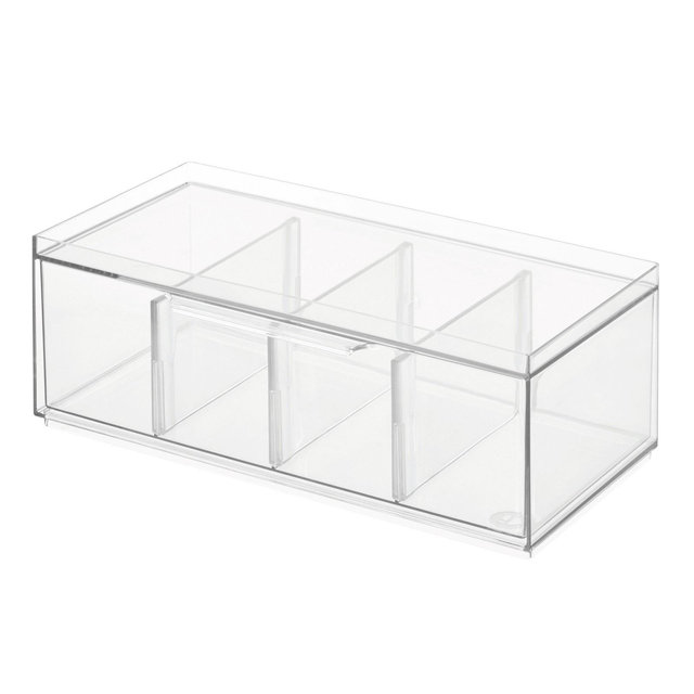 iDESIGN Crisp Plastic Stackable Tea Packet Storage Organizer Drawer with Lid Clear: Kitchen Cabinet Organizer, 13" x 5" x 6"