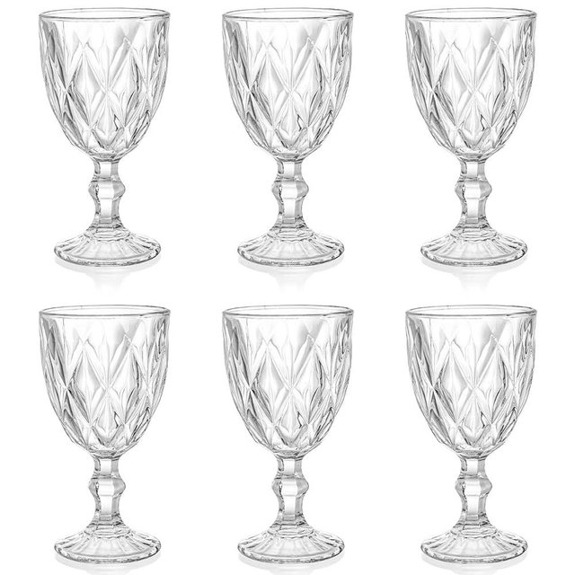 SOUJOY 6 Pack Glasses Goblet, 10oz Vintage Embossed Glass Cup, Beverage Stemmed Party Wine Glasses for Soda, Juice in Bars, Restaurants, Home