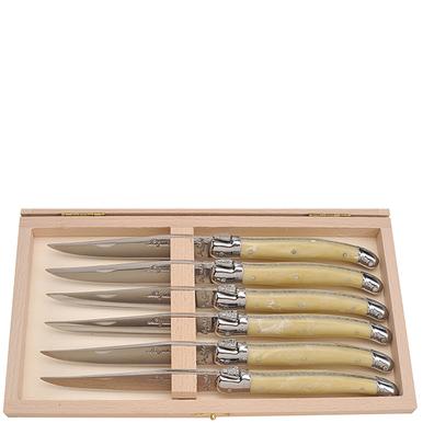 Laguiole 6 Steak Knives with Light Horn Handles in a Box
