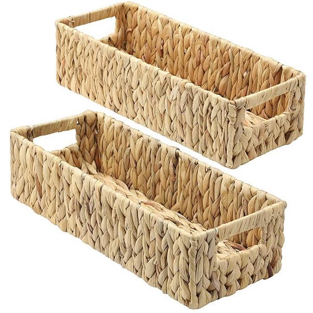 Graciadeco Nesting Water Hyacinth Storage Baskets for Toilet Tank, 2 Pack Back of Toilet Storage Basket for Toilet Paper Wicker Storage Basket for Toilet Tank Top Woven Long Narrow Baskets for Storage