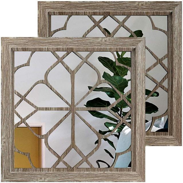 Wocred 2 PCS Square Wall Mirror,Gorgeous Rustic Farmhouse Accent Mirror,Barn Wood Color Entry Mirror for Bathroom Renovation,Bedrooms,Living Rooms and More(12”x12”)